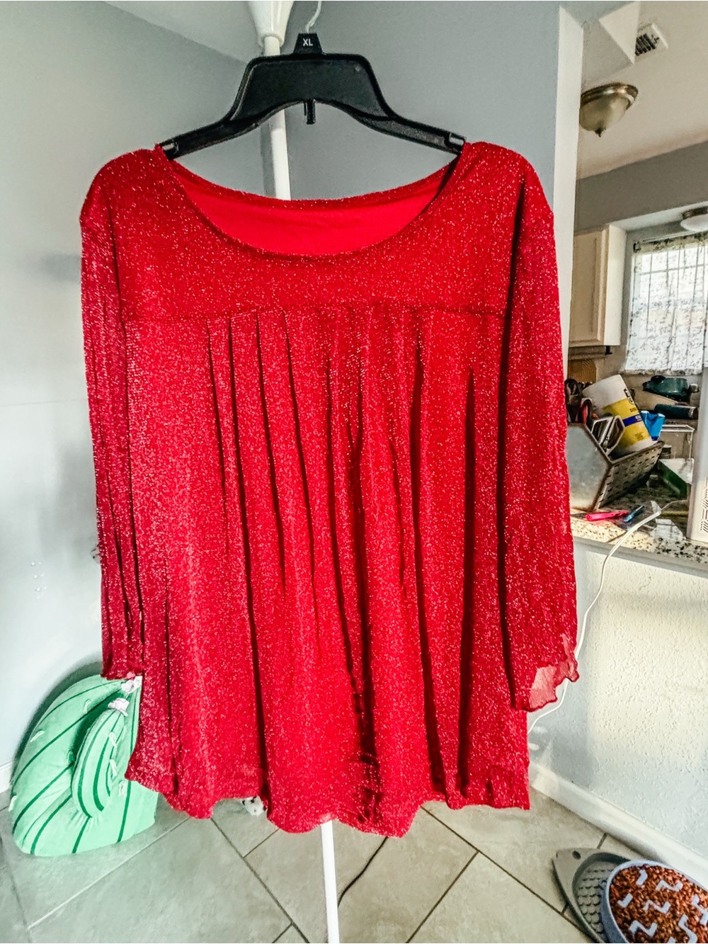 Women's Red Sparkle Pleated Long-Sleeve Top